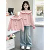 Conjunto de Sudadera Versátil Estilo Universitario Nuevo para Primavera y Otoño Top de Manga Larga con Cuello de Marinero Jeans con Estrella de Cinco Puntas Conjunto de Dos Piezas