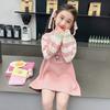 Vestido casual de estilo coreano para niñas, para niñas de mediana y grande, primavera y otoño, nuevo vestido de princesa de dos piezas con estampado de rayas de estilo occidental y falso a la moda.