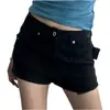 Nuevos Shorts de Mezclilla Elástica de Color Sólido con Diseño de Ojales, Aros y Remaches Estilo Coreano Ins para Mujer