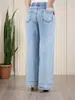 Calça Jeans Solta Wide-Leg com Cintura Elástica para Mulheres, Calça Reta com Cintura Elástica Ajustável por Cordão, Jeans Feminino Plus Size com Barra Desfiada
