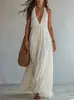 Sitio Independiente Amazon 2026 Nuevo Vestido Largo de Verano con Escote en V Profundo, Vestido plisado de tirantes en la espalda para mujer