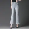 Jeans acampanados personalizados para mujer, nuevo estilo de otoño, de cintura alta, adelgazantes, con borde deshilachado, con cuentas, pantalones de campana cropped, versátiles para uso casual