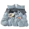 Nuevo Estilo Coreano Ins Color Puro Doble Cepillado Algodón Lavado Juego de Cuatro Piezas Ropa de Cama Funda Nórdica Ropa de Cama Colchón Dormitorio Estudiante