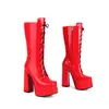 Botas Femininas Novas Outono/Inverno 2026 Bico Quadrado Salto Bloco Plataforma Salto Alto Botas Cor Sólida Simples Moda Europeia Americana Botas com Zíper Lateral