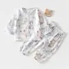 Conjunto de Gaze para Bebê Roupas de Casa para Bebê Manga Longa Top de Fibra de Bambu Calça Roupas de Verão com Ar Condicionado para Crianças Meninos Meninas