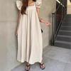 Chic Japonés y Coreano 2025 Verano Nuevo Estilo Francés Retro Cuello Cuadrado Plisado Cintura Alta Mangas Volantes Algodón y Lino Vestido Falda Larga