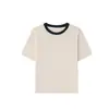 Camiseta de Manga Corta Lyocell Tencel Lino con Cuello Color Block, Tejido Fino Primavera/Verano, Hombro Ligeramente Caído, Suéter Casual Base