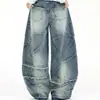 Jeans de perna larga curva com efeito amassado de raio tendência de rua calças de pai com bigodes bordas desfiadas calças compridas de perna larga curvas com efeito desgastado