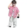 Conjunto de Camisa Floral Color Carmesí Claro para Niños de Verano, Conjunto Casual de Camisa de Manga Corta Estilo Coreano para Niños, Ropa de Verano para Bebés