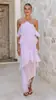2026 Transfronterizo Nuevo Hombros Descubiertos Moda Europea y Americana Chifón Estampado Hada Largo Elegante Vestido de Noche