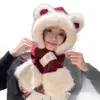Conjunto fofo de chapéu com orelhas de urso e cachecol de inverno para mulheres, com forro de fleece e design espesso para aquecimento e proteção das orelhas.
