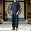 Conjunto de Duas Peças Masculino Verão 2026 Novo Estilo Estilo Chinês Retrô Botões Cor Sólida Linho Sintético Casual Solto Camisa e Calça
