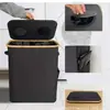Cesta Plegable de Bambú con Tapa para Clasificación y Almacenamiento de Botellas de Reciclaje, Contenedor de Reciclaje de Botellas de Bebida con Bolsa Interior para Almacenamiento en el Hogar