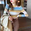 Ropa de punto nueva para mujer de principios de otoño 2024 Popular tejido fino Camisa para capas de primavera y otoño Top con rayas arcoíris