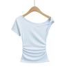 Estilo Europeo y Americano Sexy Hombro Inclinado Torcido Fuera del Hombro Manga Corta Camiseta Diseño para Mujer Ajustado Asimétrico Arrugado Top Corto