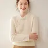25 Camiseta de Punto de Cachemira Nueva para Otoño e Invierno para Mujer, Botón de Disco Nuevo Estilo Chinoiserie, Suéter Rayado Cálido Estilo Occidental, Holgado
