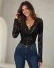 Bestseller transfronteiriço europeu e americano: Body de renda com decote em V profundo e mangas compridas para mulheres, elástico, justo ao corpo, transparente, camisa base de renda sexy