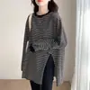 Camiseta Listrada de Algodão Puro para Primavera e Outono para Mulheres, Estilo Coreano, Tamanho Grande, Solta, Fenda, Nicho, Comprimento Médio, Manga Longa, Tendência