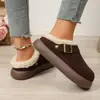 Zapatillas de Algodón con Hebilla Decoración en la Punta Suela Gruesa Cálida Casual Invierno Ropa de Exterior Zapatillas Medias Peludas Fondo Plano Mujer Más Terciopelo Dama