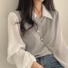 Camisa Curta Patchwork Tricô Falso Duas Peças Moda Retrô Francesa Chic Caranguejo com Cinco Painéis para Mulheres, Top de Manga Bufante de Outono