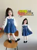 Conjunto de Vestido Mono de Mezclilla para Niñas, Nuevo Conjunto de Dos Piezas para Primavera y Otoño con Vestido Chaleco Bordado para Niños y Camisa con Cuello de Muñeca