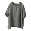 En stock Camisa de Lino Artística a Cuadros Teñidos con Hilo para Mujer de Cuello Redondo en Contraste Manga Corta Holgada de Verano