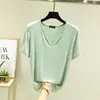 Camiseta de verano de manga corta con cuello en V para mujer, camiseta interior fina y adelgazante, combina con todo, talla grande, holgada, color liso.
