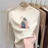 Camiseta casual de manga comprida infantil, novo estilo 2026, camada interna quentinha para meninas, top com gola alta e meio zíper em fleece dupla face