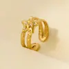 Anel Estilo Francês Estrela Dupla Camada Abertura Diamante Aço Inoxidável 304 Feminino Estilo Frio Simples Banhado a Ouro 18k Joia