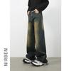 Nirben Denim Jeans Retro Americanos Nuevos para Hombre Lavados Sueltos Joker Casual Pierna Recta Pierna Ancha Pantalones