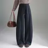 Calça de lã moderna de perna larga e corte curvo para mulheres, novo estilo outono/inverno 2026, calça casual alta de cintura alta que afina, calça longa elegante