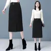 Saia de lã feita sob medida para mulheres, outono e inverno, cintura alta, fenda, comprimento midi, emagrecedora, corte reto, justa ao corpo, adequada para o trabalho