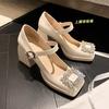 Zapatos de tacón cuadrado de cuero de vaca grueso con hebilla cuadrada de diamante Flash Light, punta cuadrada, Mary Jane de una sola capa para mujer