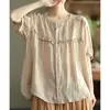 Exportação de Comércio Exterior Francês Peças Únicas com Etiqueta Cortada Blusa Boneca Feminina Solta Rejuvenescedora de Rami Camisa de Manga Curta de Linho de Algodão