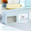 Estojo para Lápis Temático de Gato com Sal Marinho e Frente Transparente, Cabe Cartões Pequenos, Multicamadas, Grande Capacidade, Color Blocking Moderno, Bolsa de Papelaria com Design Único
