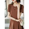 Vestido de Verão 2026 Novo Cor Sólida Gola Redonda Estilo Francês Patchwork Moda Cincha na Cintura Luxuoso de Linha A Manga Curta