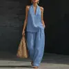 Conjunto de Dos Piezas de Verano Nuevo para Mujer, Top Halter de Color Sólido con Escote en V y Espalda Descubierta y Pantalones de Pierna Ancha, Europeo y Americano, Transfronterizo
