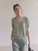Impresionante top de punto de verano para mujer con cuello en U, hombros rectos, manga corta, moderno, rejuvenecedor, adelgazante, verde 6414