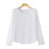 Nuevo top de otoño de punto acanalado con cuello redondo y manga larga, moda simple y elegante, cómoda camiseta básica con dobladillo curvo, color liso para mujer