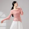 Top de dança feminino soltinho com painéis de tule e punhos fluidos, adequado para dança clássica chinesa moderna e exercícios corporais para adultos