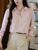 Camisa de lino Tencel color rosa Morirose para mujer, estilo otoño, con cuello camisero, frente abotonado y mangas caídas, un top versátil y elegante adecuado para el trabajo