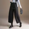 Calça de Lã Flocada Wide-Leg Foice Feminina 2026 Outono/Inverno Nova Cintura Alta Solta Cropped Moda Emagrecedora Casual