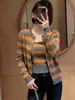 Cardigã de malha listrado laranja em camadas estilo coreano, novo suéter feminino outono/inverno, peça externa, conjunto de duas peças