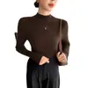 Blusa feminina de gola semi-alta, manga longa, malha sem costura, pulôver para primavera e outono, casual, versátil, básica, confortável e estilosa