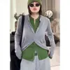 Suéter de Punto Bloque de Color Falso Dos Piezas para Mujer, Cárdigan Otoño e Invierno, Nuevo Estilo 2025, Cuello Redondo, Manga Larga, Top Morado con Acabado de Alta Gama