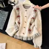 Cárdigan de punto jacquard con bloques de color floral tridimensional estilo coreano, nuevo modelo de primavera y otoño, dulce y juvenil, cárdigan de punto versátil con cuello redondo