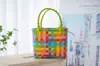 Nova bolsa de piquenique de primavera, bolsa de palha grande, esquema de cores rosa fofo, design xadrez color-block fresco e estiloso