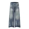 Jeans de Pierna Ancha Desgastados Descoloridos con Bigotes para Hombre, Nuevos Pantalones Casuales Rectos Sueltos de Textura de Bambú Vintage para Mujer