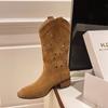 Botas Western Cowboy Vazadas em Couro Macio para Mulheres, Novo Estilo Verão 2025 Botas Curtas, Botas Longas de Equitação Marrons, Botas Martin de Cano Alto
