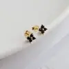 Pendientes de Trébol de Cuatro Hojas Chapados en Plata de Ley S925 con Oro de 18K y Circonita Negra, Delicados y Compactos, Pendientes de Verano Amigables con los Oídos para Mujer